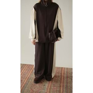 Garnili Modal Şeritli Kahverengi Kadın Eşofman Takımı