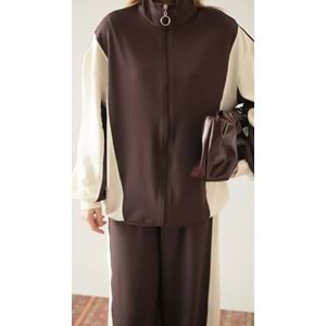 Garnili Modal Şeritli Kahverengi Kadın Eşofman Takımı