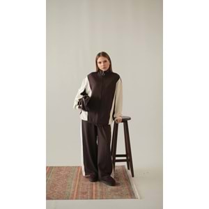 Garnili Modal Şeritli Kahverengi Kadın Eşofman Takımı