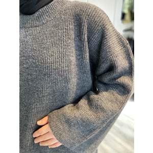 Oversize Geniş Kollu Rahat Kesim Gri Kadın Triko Kazak