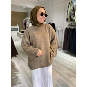 Oversize Geniş Kollu Rahat Kesim Vizon Kadın Triko Kazak