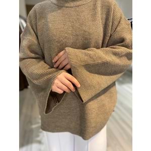 Oversize Geniş Kollu Rahat Kesim Vizon Kadın Triko Kazak