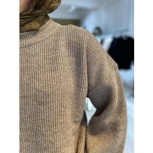 Oversize Geniş Kollu Rahat Kesim Vizon Kadın Triko Kazak