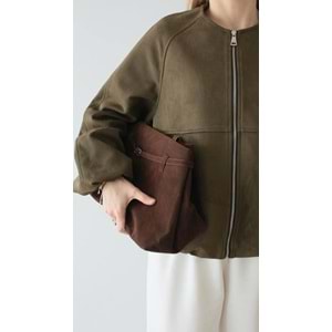 Süet Bomber Fermuarlı Kadın Yeşil Ceket