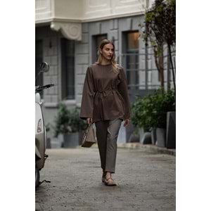 Dikiş Detaylı Yırtmaçlı Kadın Modal Kahverengi Sweatshirt S-M Beden