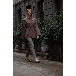 Dikiş Detaylı Yırtmaçlı Kadın Modal Kahverengi Sweatshirt S-M Beden
