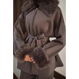 Kolları Ve Yakası Kürk Detay Antrasit Scuba Takım 40-42 Beden