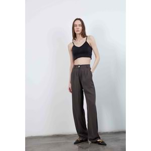 Pileli Palazzo Kumaş Kadın Beli Lastikli Kahverengi Pantolon S