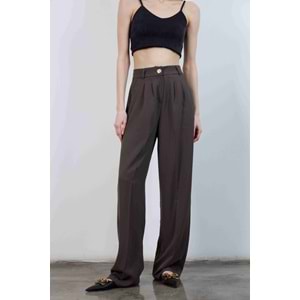 Pileli Palazzo Kumaş Kadın Beli Lastikli Kahverengi Pantolon S