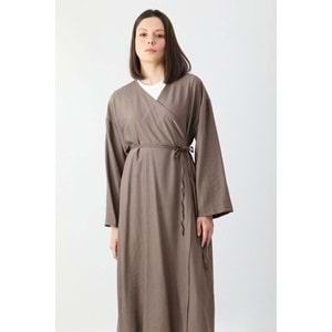 Uzun Crash Çilek Kumaş Bağlamalı Kimono Pantolonlu Toprak Takım 2 Beden