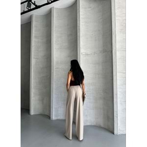 Pileli Beli İpli Keten Kadın Bej Pantolon L (40) Beden