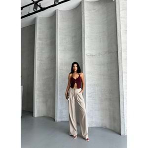 Pileli Beli İpli Keten Kadın Bej Pantolon M (38) Beden