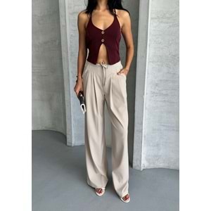 Pileli Beli İpli Keten Kadın Bej Pantolon M (38) Beden