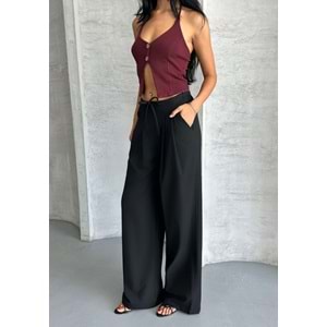 Pileli Beli İpli Keten Kadın Bej Pantolon S (36) Beden