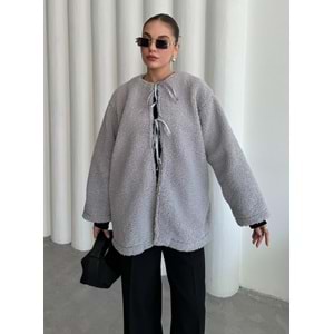 Önü Bağlamalı Gri Standart Kadın Teddy Ceket