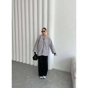 Önü Bağlamalı Gri Standart Kadın Teddy Ceket