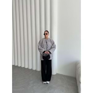 Önü Bağlamalı Gri Standart Kadın Teddy Ceket