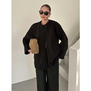 Önü Bağlamalı Siyah Standart Kadın Teddy Ceket