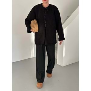 Önü Bağlamalı Siyah Standart Kadın Teddy Ceket