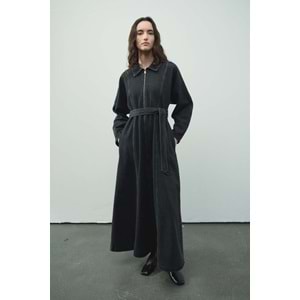 Fermuar Detaylı Denim Antrasit Elbise L/XL