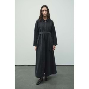 Fermuar Detaylı Denim Antrasit Elbise L/XL