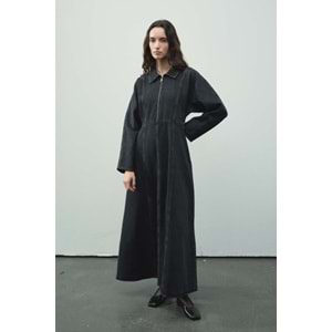 Fermuar Detaylı Denim Antrasit Elbise L/XL