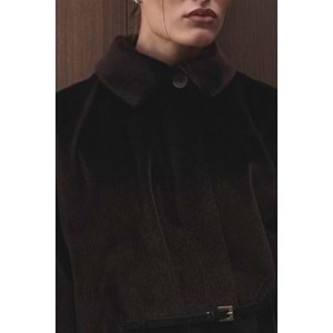 Kahverengi Oversize Pelerin Kaban | Süet Kemerli Gömlek Yaka