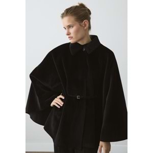 Siyah Oversize Pelerin Kaban | Süet Kemerli Gömlek Yaka