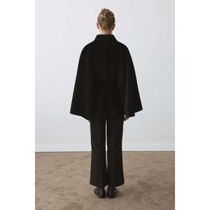 Siyah Oversize Pelerin Kaban | Süet Kemerli Gömlek Yaka