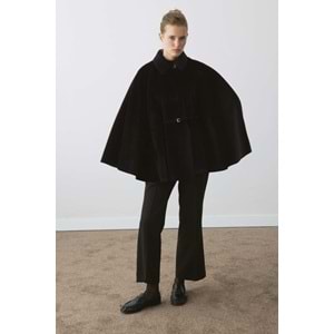 Siyah Oversize Pelerin Kaban | Süet Kemerli Gömlek Yaka