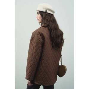 Gömlek Yaka Düğmeli Kapitone Kahverengi Mont L/XL