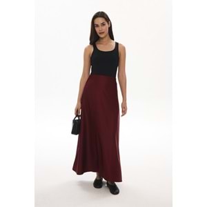 Çan Kesim Ribana Lastikli Saten XL Beden Bordo Etek