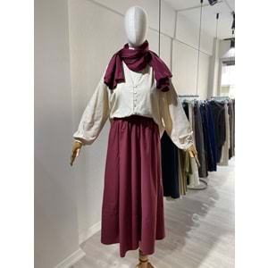 Beli Lastikli Astarlı Bordo Poplin Etek S-M Beden