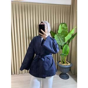 Taba Bağlamalı Gri Çizgili Denim Lacıvert Kimono L-XL Beden