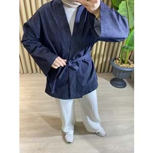 Taba Bağlamalı Gri Çizgili Denim Lacıvert Kimono L-XL Beden