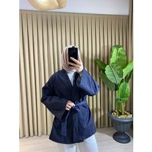 Taba Bağlamalı Gri Çizgili Denim Lacıvert Kimono L-XL Beden