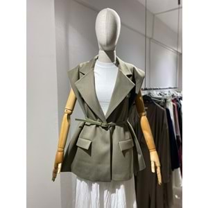 Vatkalı Kemerli Oversize Kadın Haki Yelek L-XL Beden