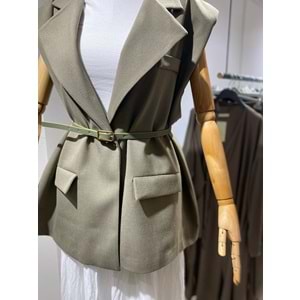 Vatkalı Kemerli Oversize Kadın Haki Yelek L-XL Beden