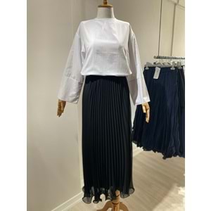 Beli Lastikli Piliseli Şifon Siyah Düz Etek S-M Beden