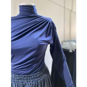 Omuz ve Bel Büzgülü Lacivert Bluz L-XL Beden