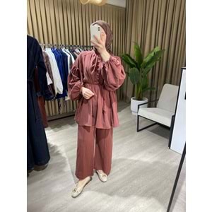 Pantolonlu Tunik Keten İpli Kiremit Takım 2 Beden