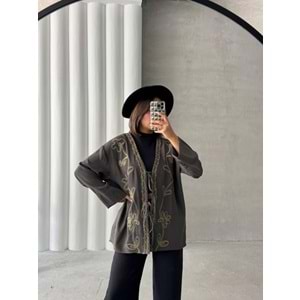 Tensel Nakış Detaylı Antrasit Kimono 2 Beden