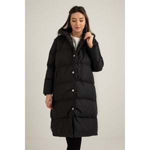 Çıtçıtlı Uzun Şişme Kadın Mont Siyah 42 Beden