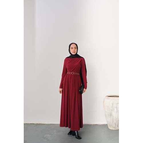 Gold Kemerli Pile Detay Bordo Sandy Elbise 40-42 Beden