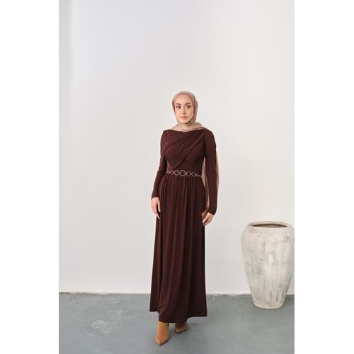 Gold Kemerli Pile Detay Kahverengi Sandy Elbise 36-38 Beden