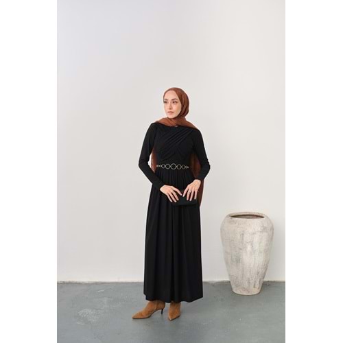 Gold Kemerli Pile Detay Siyah Sandy Elbise 40-42 Beden