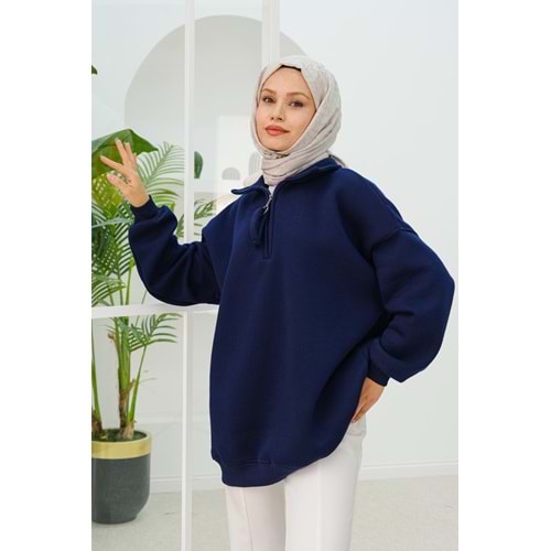 Yarım Fermuar Detay Lacivert Şardonlu Üç İplik Kadın Sweat (42-44-46) Beden