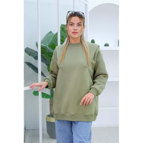 Çift Omuz Detaylı Polarlı Yeşil Kadın Sweat (40, 42, 44 Beden)
