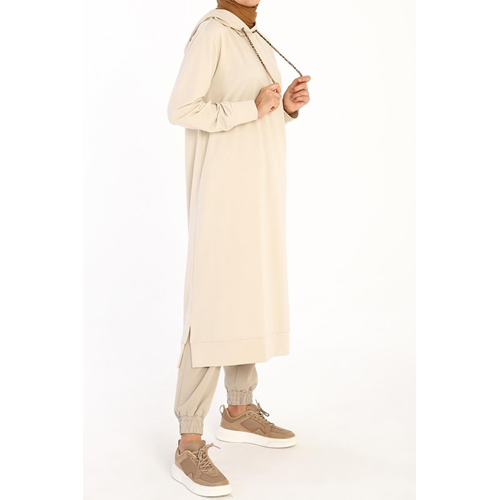 Allday Taş Leopar Bağcıklı Kapüşonlu Rahat Örme Tunik 36 Beden