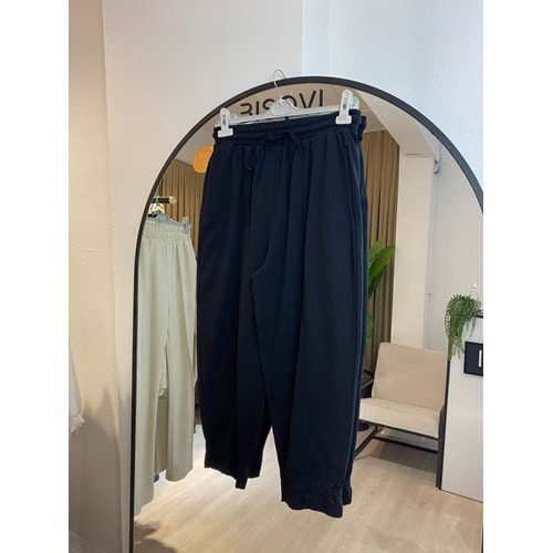 Havuç Paça Lastikli Siyah Keten Kadın Pantolon S Beden